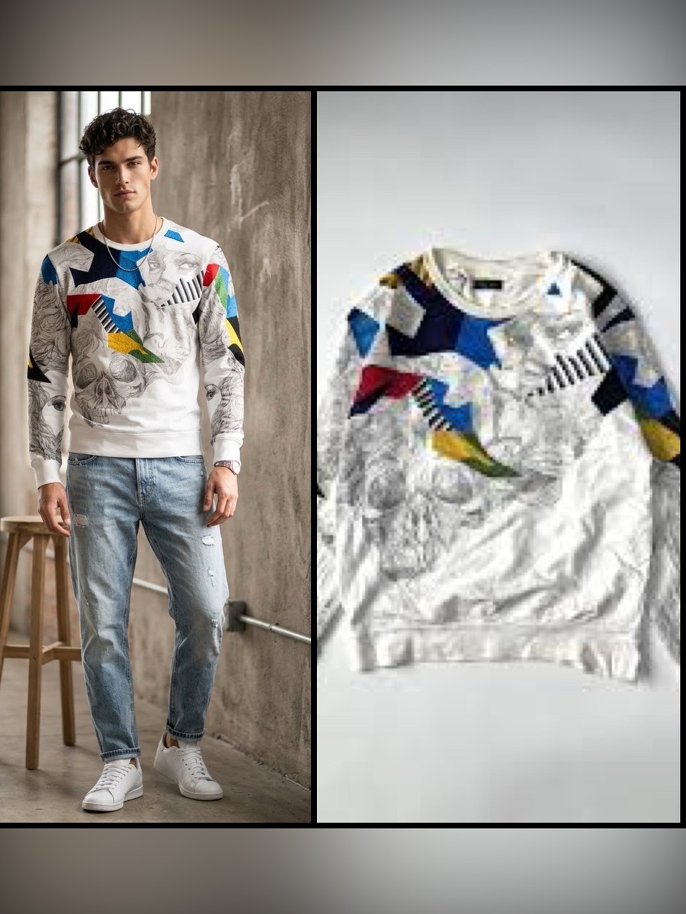 Zara Man Skull Abstract Print Embroidered Art To Wear Y2K Graphic Sweatshirt S